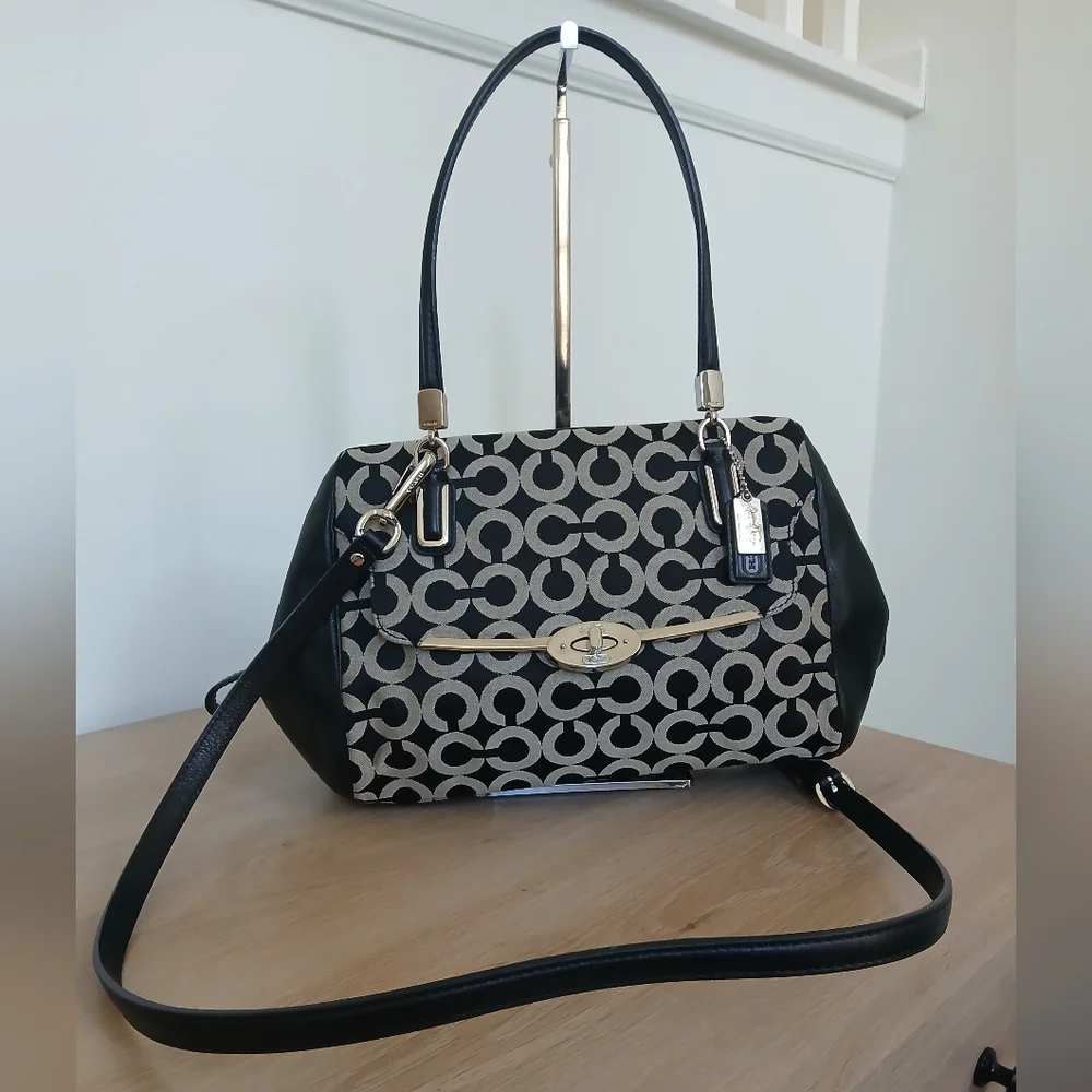 Coach Madison Small Madeline East West Satchel Leather Trim Op Art Fabric